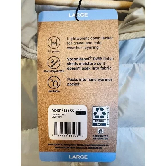 Eddie Bauer Women’s Down Packable Puffer Jacket Large Silver 650 Water Repellent - Picture 8 of 11